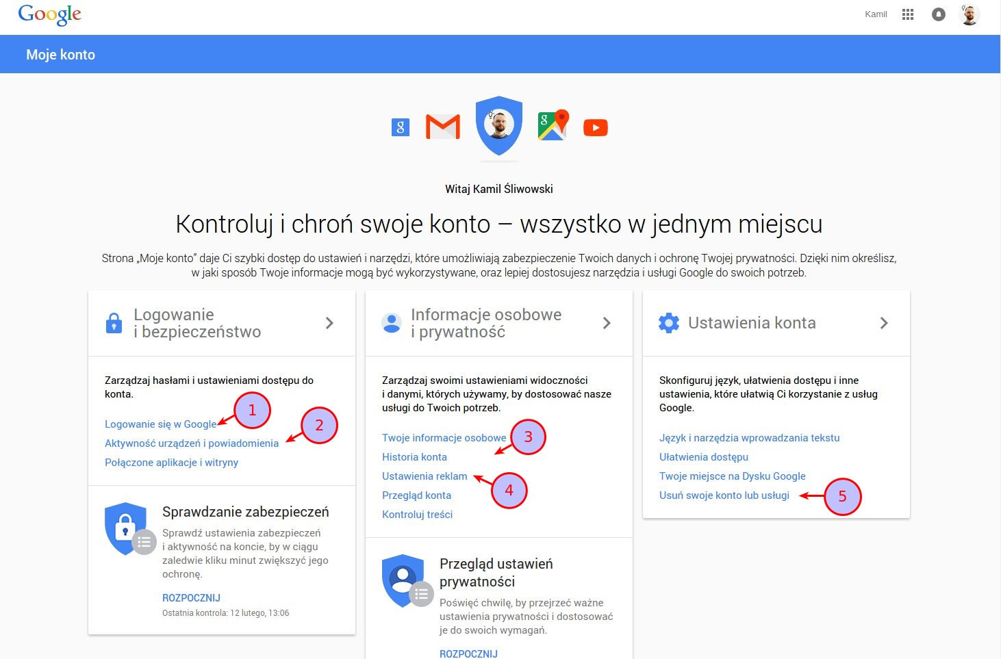 Zrzut ekranu panelu Moje konto Google