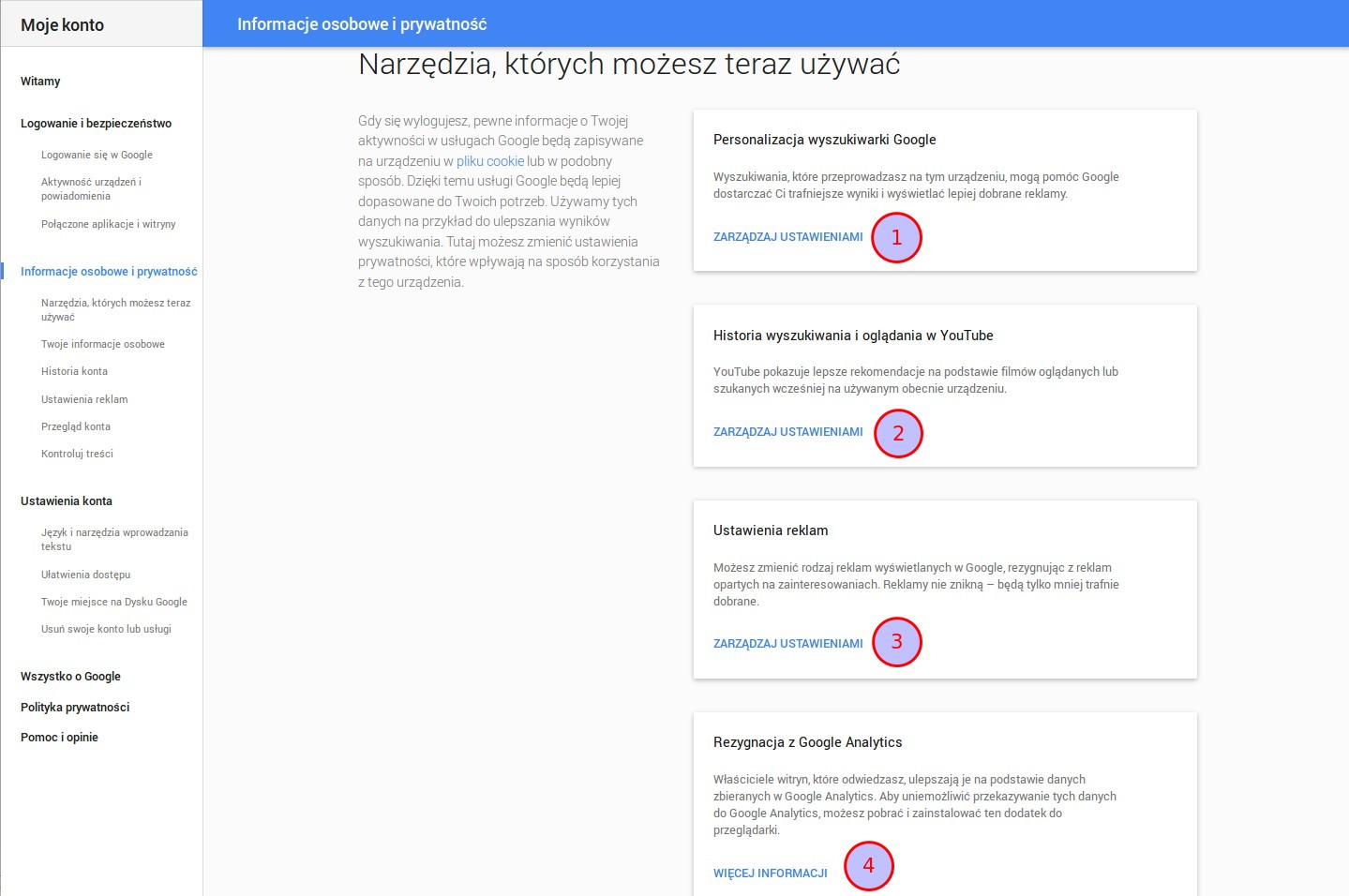 Zrzut ekranu Moje konto Google dla osoby niezalogowanej