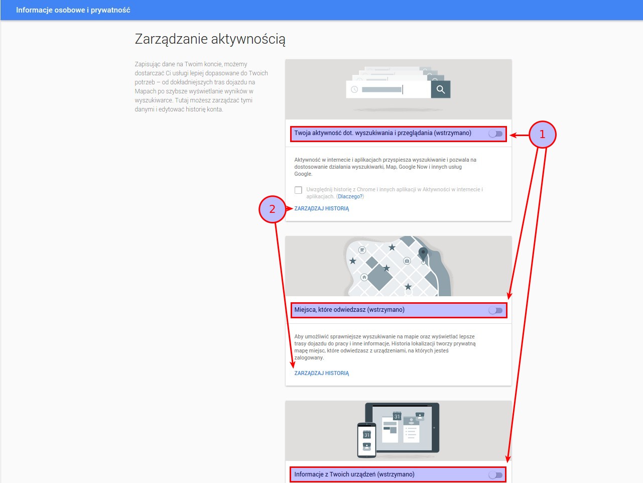 Panel zarządzania historią konta Google