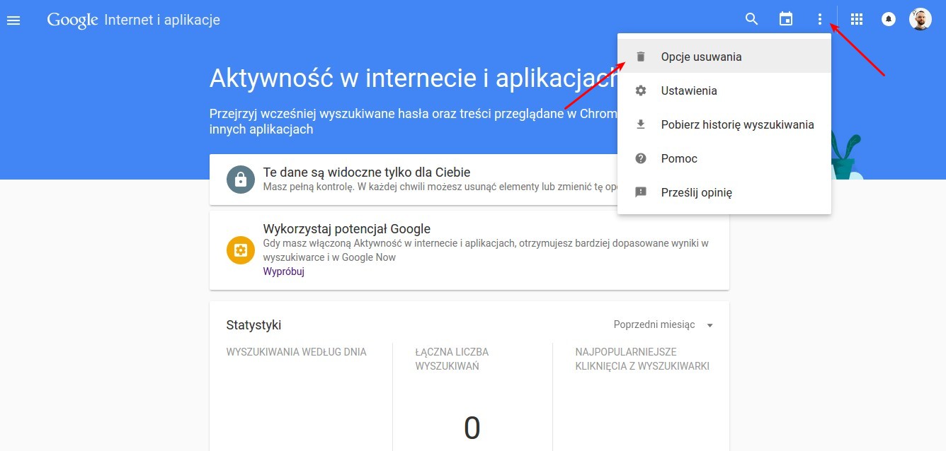 Panel usuwania historii Google