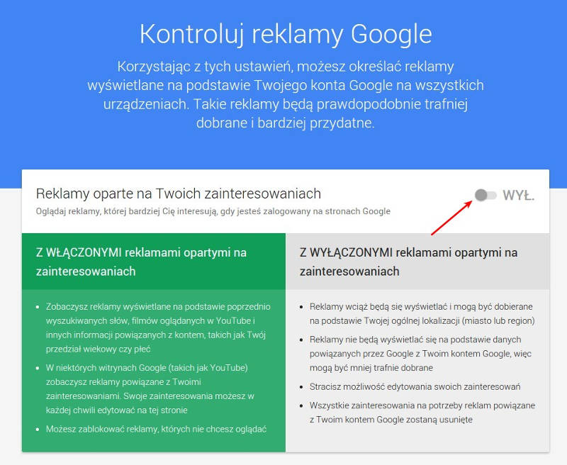 Wyłączenia personalizowanych reklam w Google