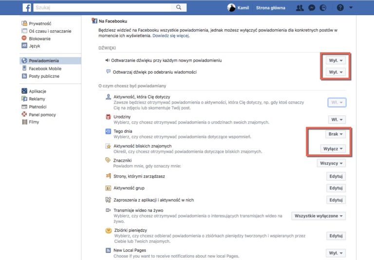 Zrzut ekranu ustawień powiadomień Facebooka