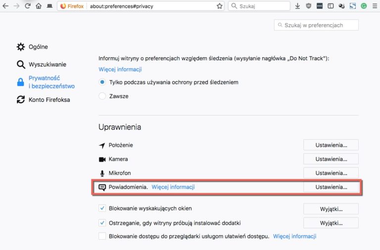 Zrzut ekranu ustawień powiadomień przeglądarki Firefox