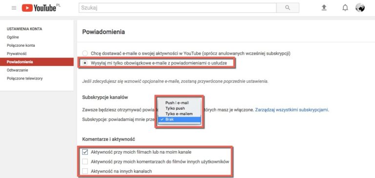 Zrzut ekranu ustawień powiadomień YouTube'a
